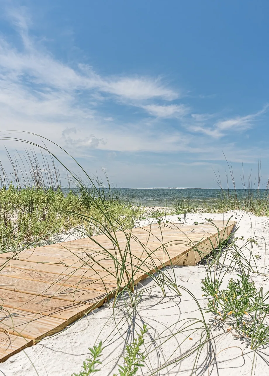 Wooden boardwalk through sea oats to the beach at Mexico Beach, Florida
